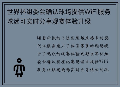 世界杯组委会确认球场提供WiFi服务球迷可实时分享观赛体验升级