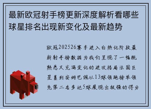 最新欧冠射手榜更新深度解析看哪些球星排名出现新变化及最新趋势 最新欧冠射手榜更新深度解析看哪些球星排名出现新变化及最新趋势